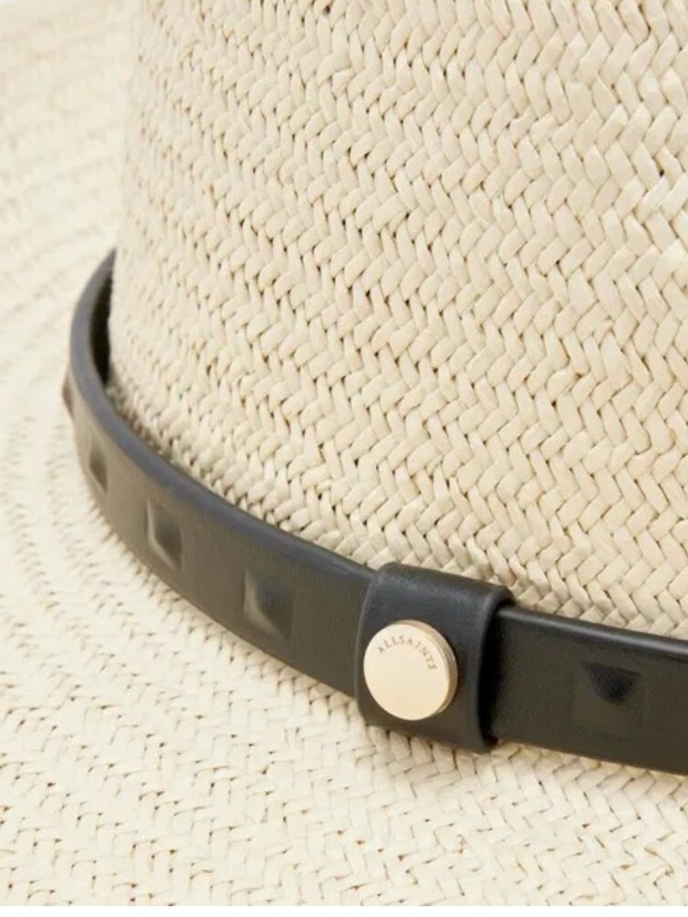 AllSaints Straw Fedora with Black Leather Band and Silver Stud